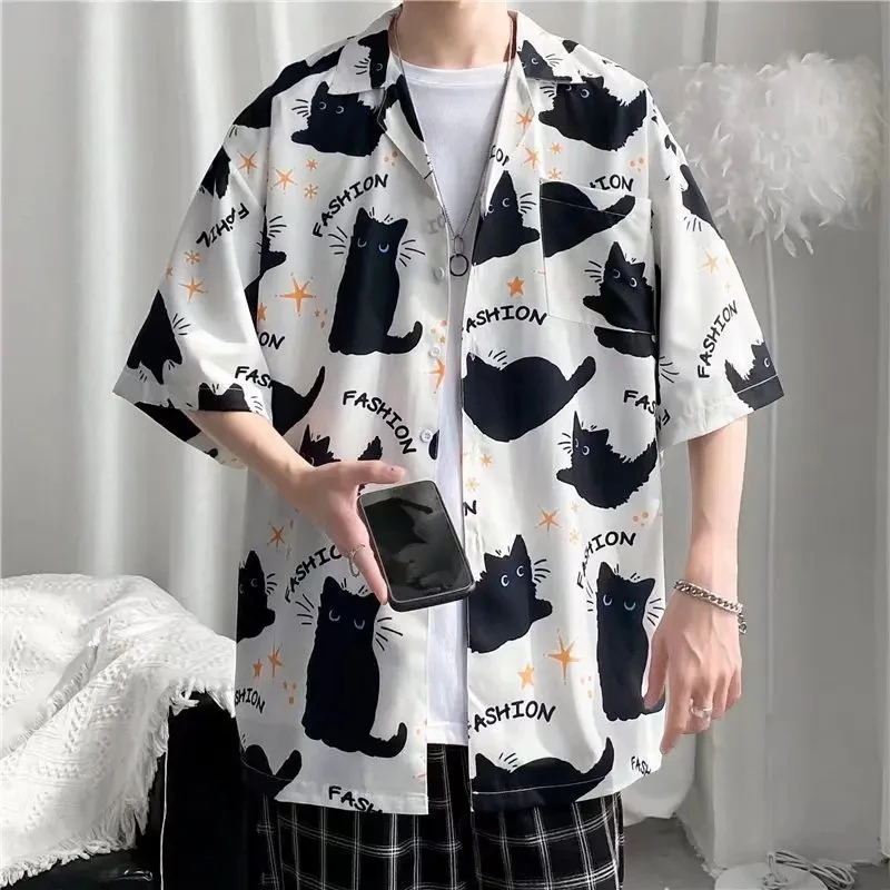 Japan Anime Cartoon Printed Vintage Cargo Shirt Summer New Men Hawaiian Short Sleeve Casual Mens Women Couple Shirts Oversized