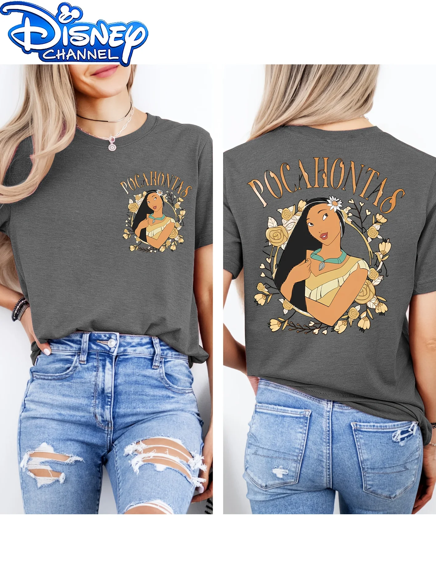 

Женская официальная футболка с рисунком Покахонтас Диснея — топ с короткими рукавами и круглым вырезом в винтажном стиле, с принтом Покахонтас и Меэко