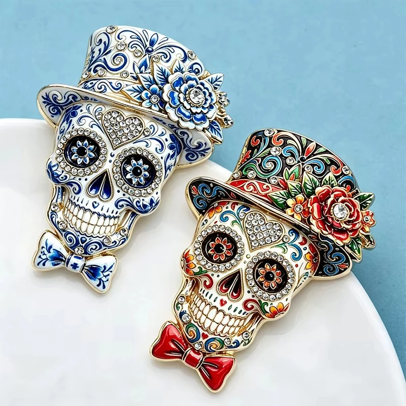 FTCY Gothic Skull Brooch For Women Men Rose-Flower Hat Skeleton Brooch Halloween Dia De Los Muertos Clothing Decor