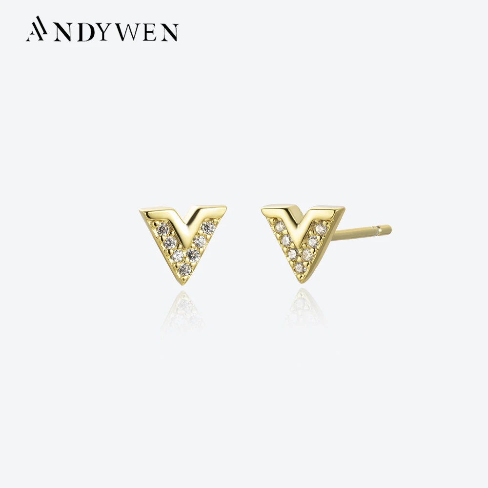 

ANDYWEN 925 Sterling Silver Gold V Zircon CZ Stud Earring Piercing Clips Women Luxury Fine Jewelry 2023 Crystal Jewels