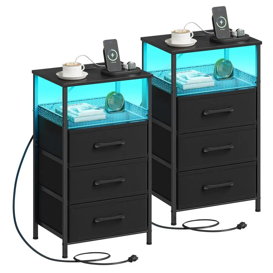

Night Stand Set 2 with Charging Station, 3 Drawer Nightstands with LED Lights, End Table with Outlets and USB Ports, Side Table