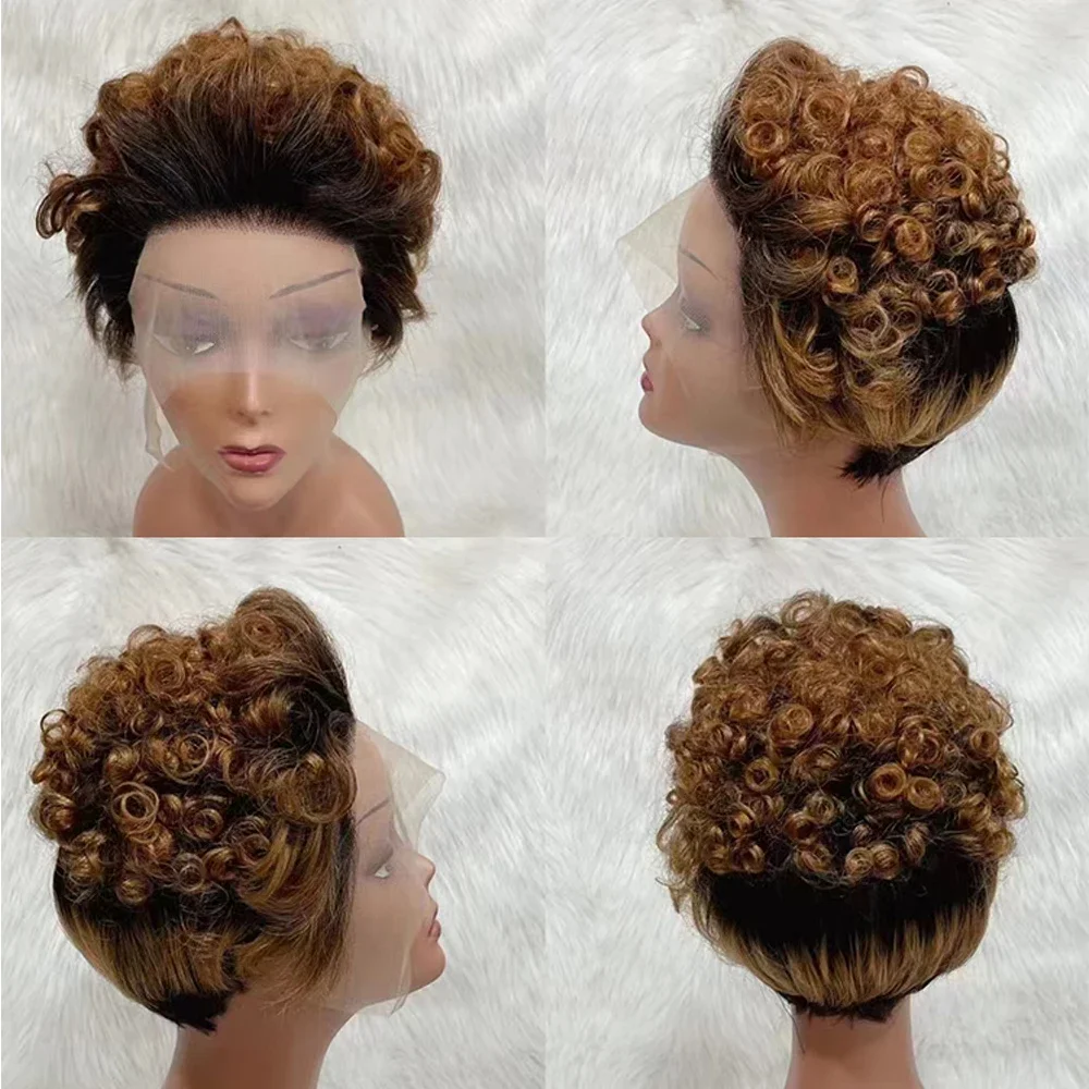 

Short Pixie Cut Human Hair Wig Transparent 13x1 Part Lace Wig for Women Virgin Brazilian Bouncy Loose Curly Human Hair Wig