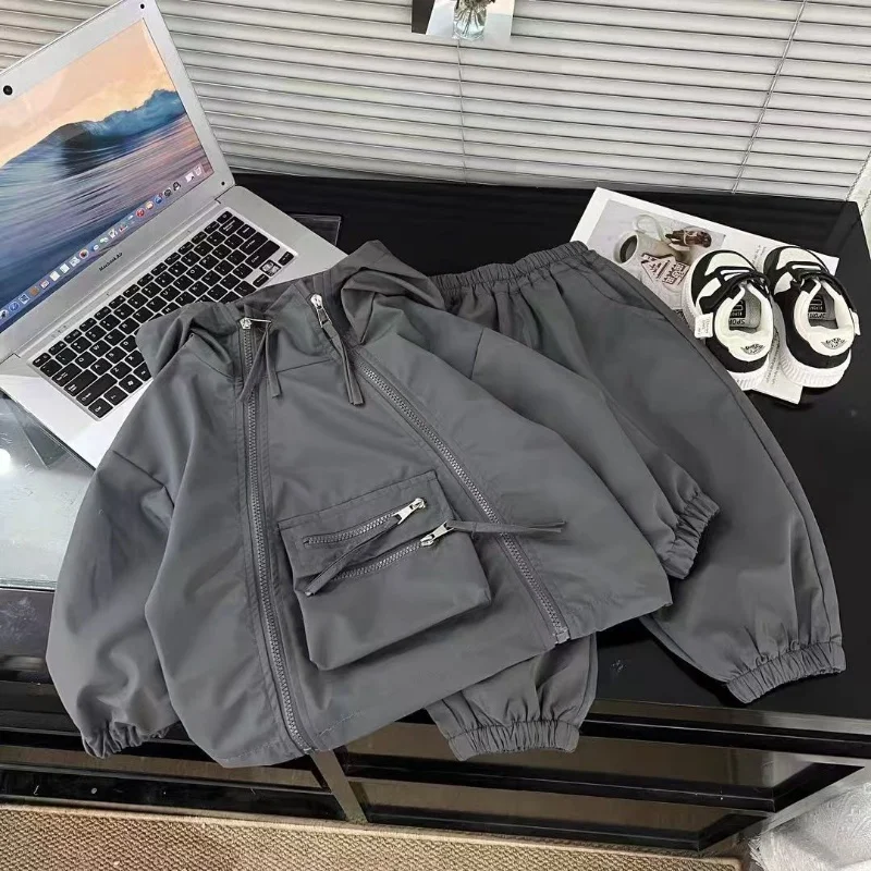 

2025 New Spring and Autumn Children's Grey Personalized Design Zipper Hooded Charge Coat and Pants Two Piece Set 100-160CM