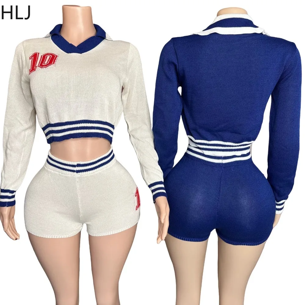 HLJ Fashion Print Knitted Sweater Two Piece Sets Women V Neck Long Sleeve Crop Top And Shorts Outfit Lady Stretchy 2pcs Clothing