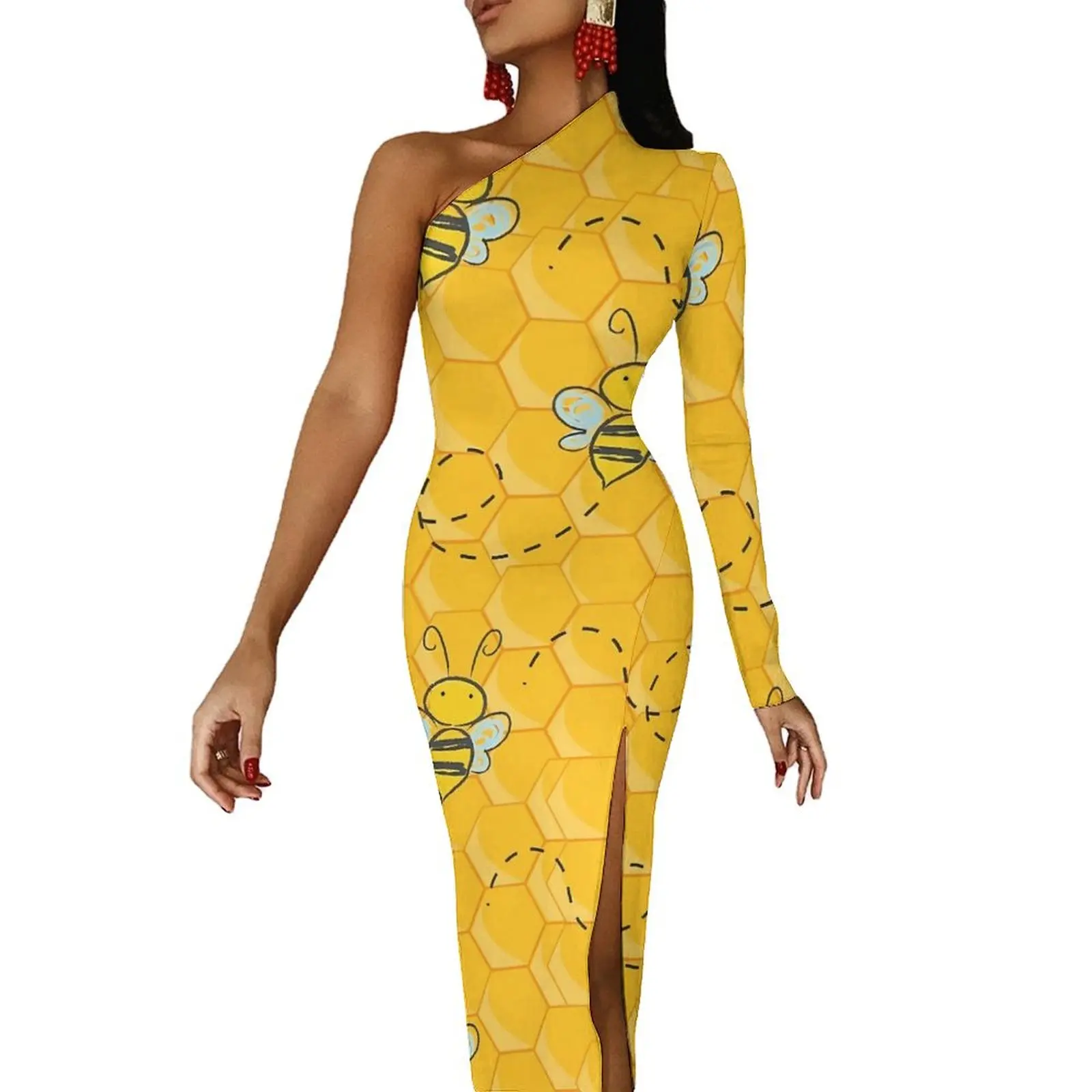 

Hives Print Bodycon Dress Summer Honey Bee Modern High Slit Long Dresses One Shoulder Printed Party Dress