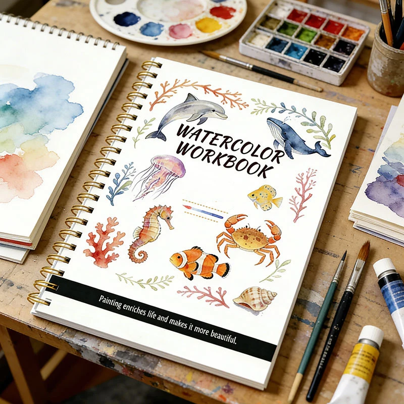 Watercolor Painting Notebook Beginner's Painting Enthusiast's Guide Coil Notebook Thickened Paper Ocean Animal Cover Watercolor