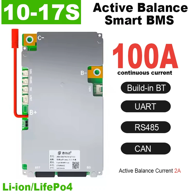 10-17S 100A  JBD Active Balance Smart BMS LiFePo4 Li-ion 24V 36V 48V 60V Lithium Battery Protection Board  BT UART RS485 CAN