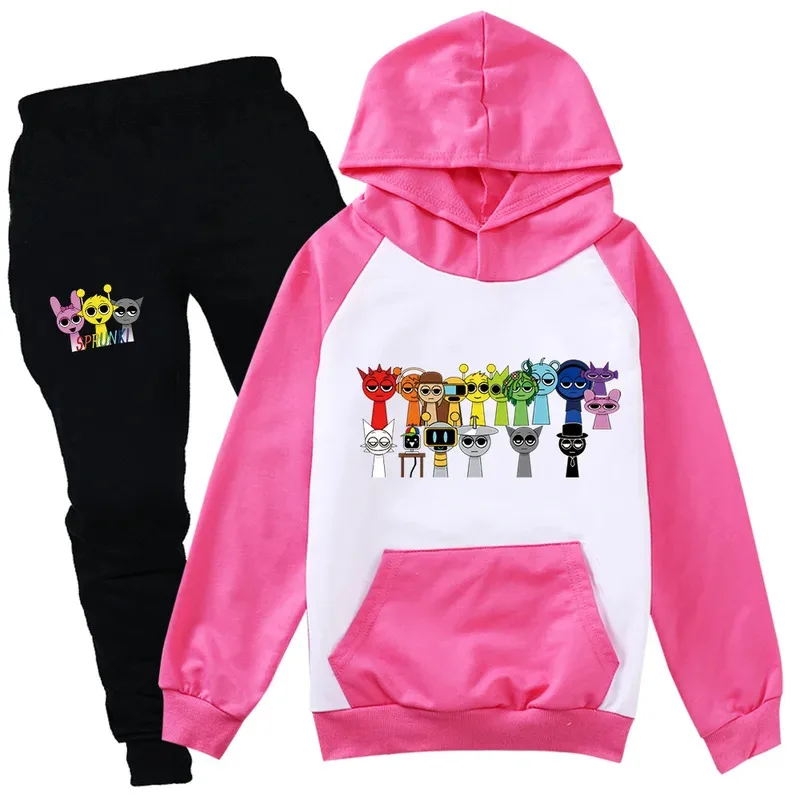 Sprunki conjuntos de roupas estampadas crianças terno de aniversário do bebê meninos meninas fatos de treino crianças marca ternos esportivos hoodies top + calças 2 peças conjunto