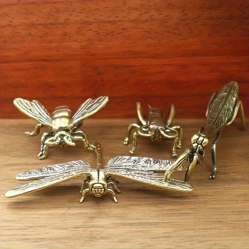 4pcs Vintage brass dragonfly, cricket, bee and mantis insect decorative ornaments