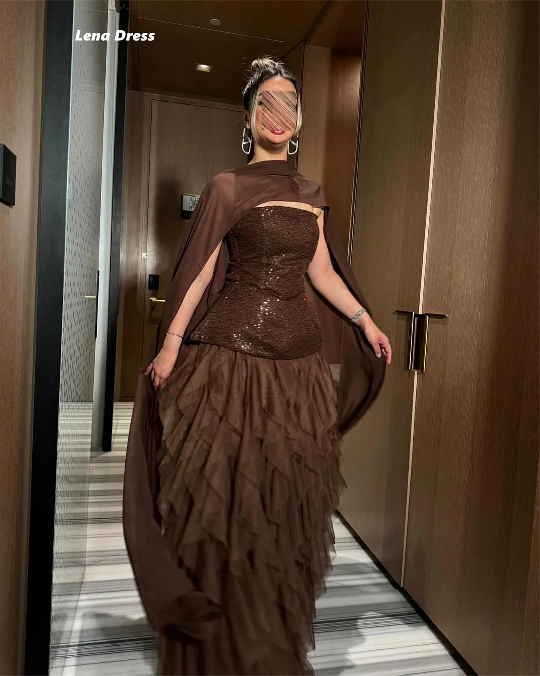 Lena Abendkleider für Damen, elegante Partykleider für Damen, 2025, maßgeschneidert, braun, glänzend, Schal, mehrschichtig, Luxus-Abschlussballkleid 2025,