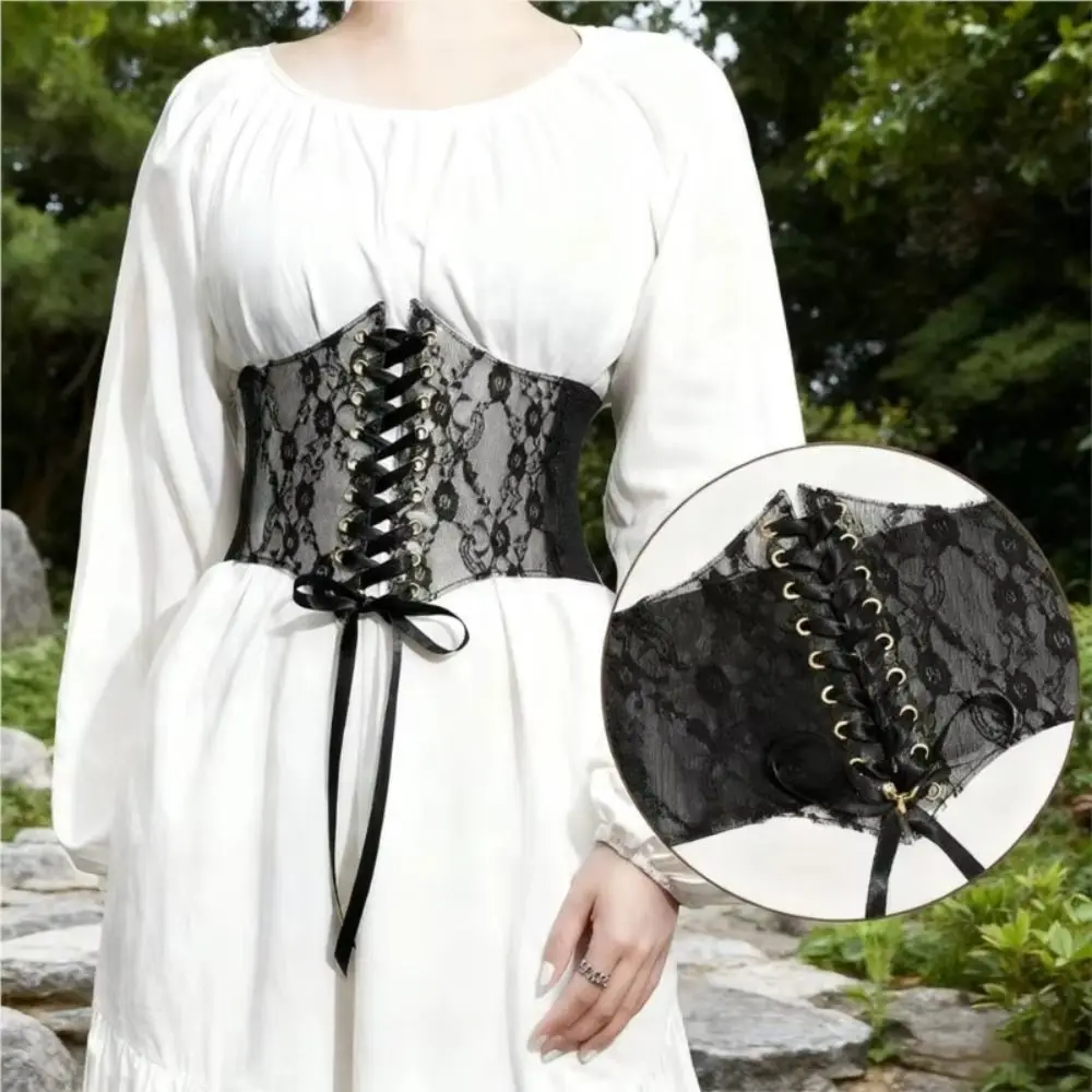 

Flower Embroidery Lace-up Corset Belt Transparent Lace Stretchy Elastic Slimming Body Waist Belts Punk Style Wide Lace