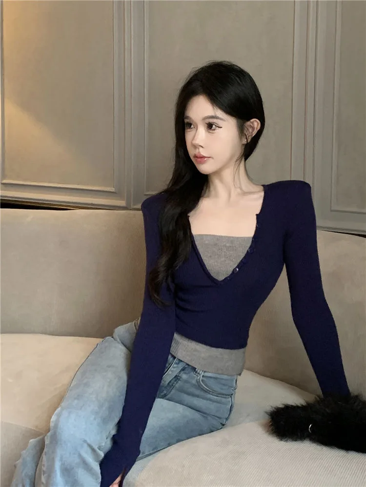 Women Pullovers Fake Two Pieces Deep V-neck Slim Sexy Tops Girls Pure Knitwear All-match Buttons Tender Design Fashion Ulzzang