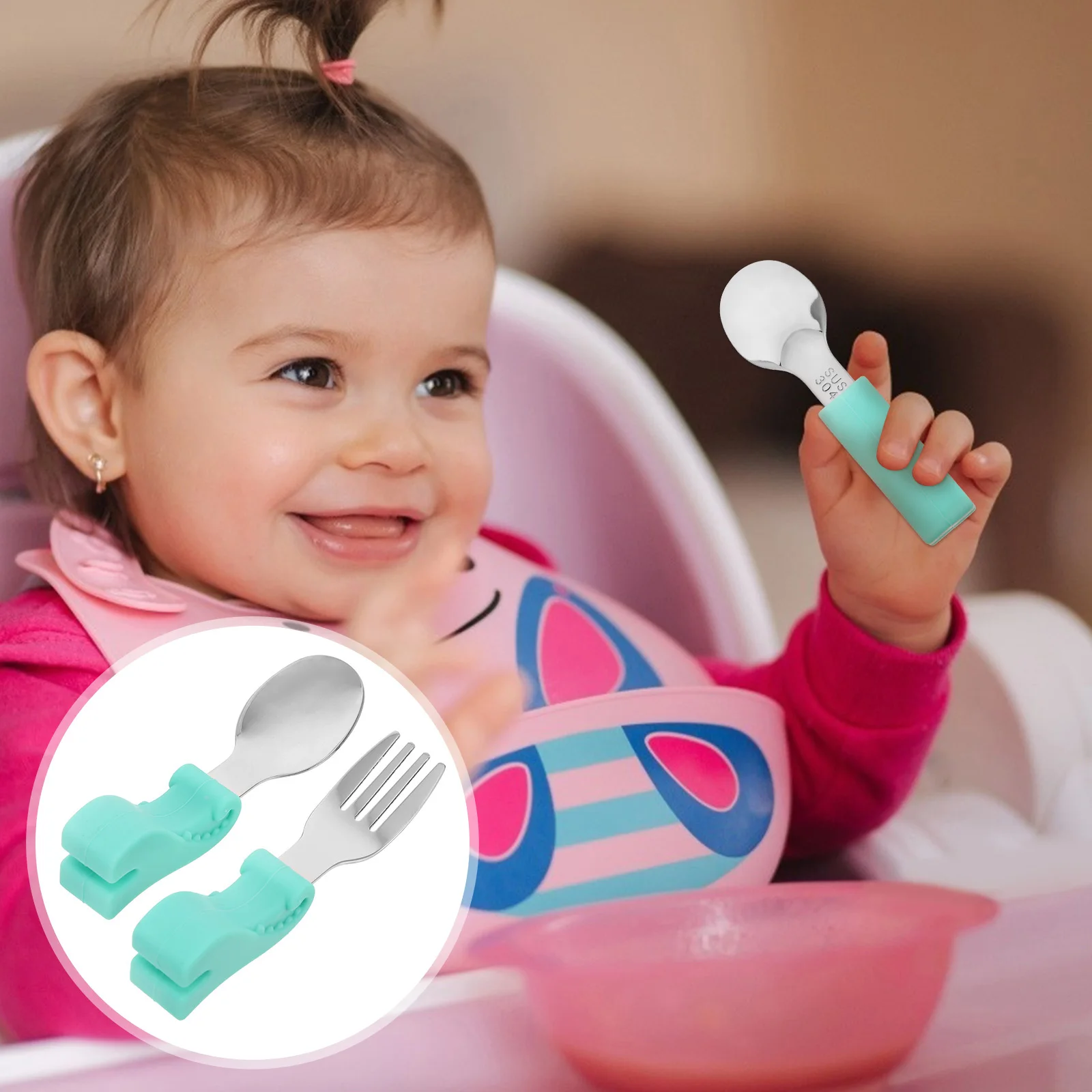 

Durable Stainless Steel Baby Fork Spoon Set Comfortable Silicone Handle Toddler Training Feeding Utensils Baby Cutlery