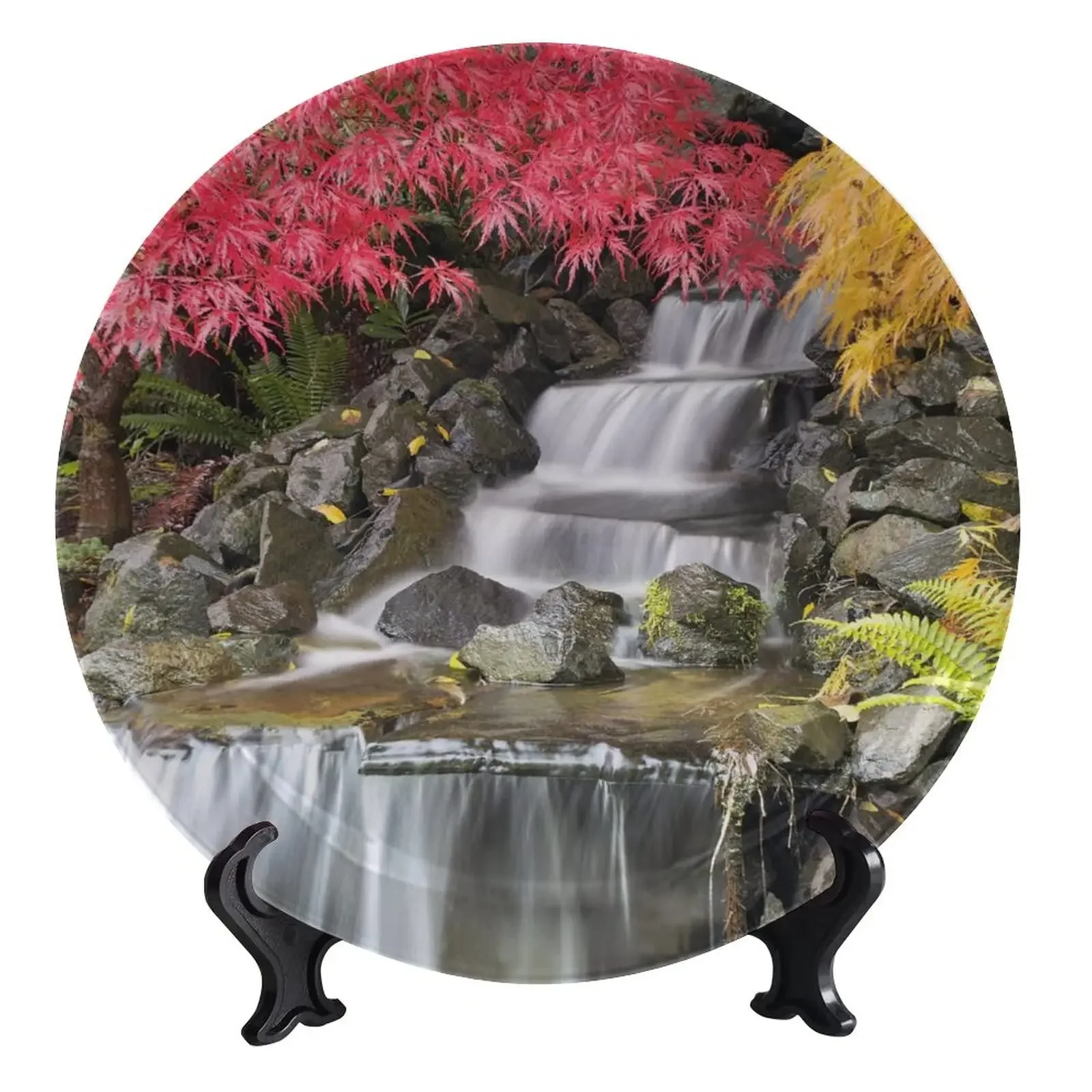 Waterfall Ceramic Decorative Plate, Nature Theme Decorative Plates for Display Handmade Ceramic Wall Hanging Decors with Stand