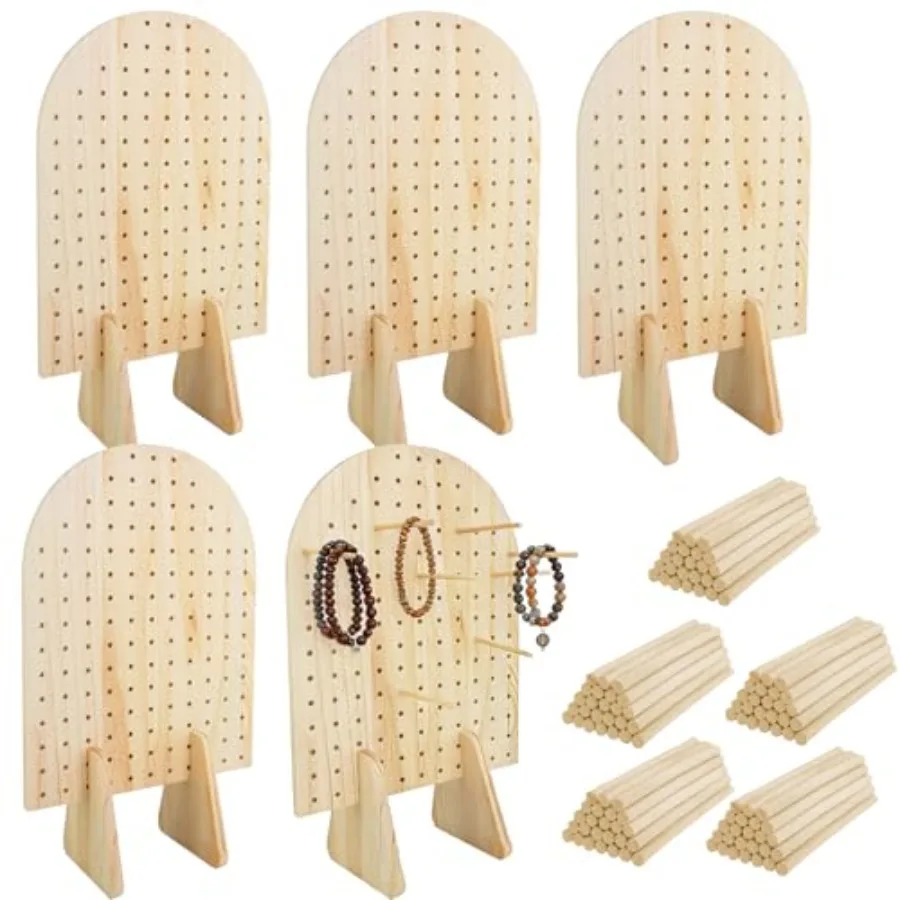 5 Sets Keychain Display Stand with 25 Pcs Dowel Rods 15.75" x 11.81" Oval Bracelet Organizer Holder Wooden Pegboard Display Sta