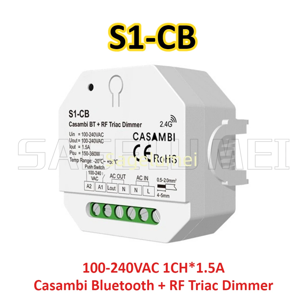 NEW Casambi Bluetooth + RF Triac Dimmer SKYDANCE S1-CB 1 channel 100-240VAC 1CH*1.5Adim and switch single color dimmer LED lamps