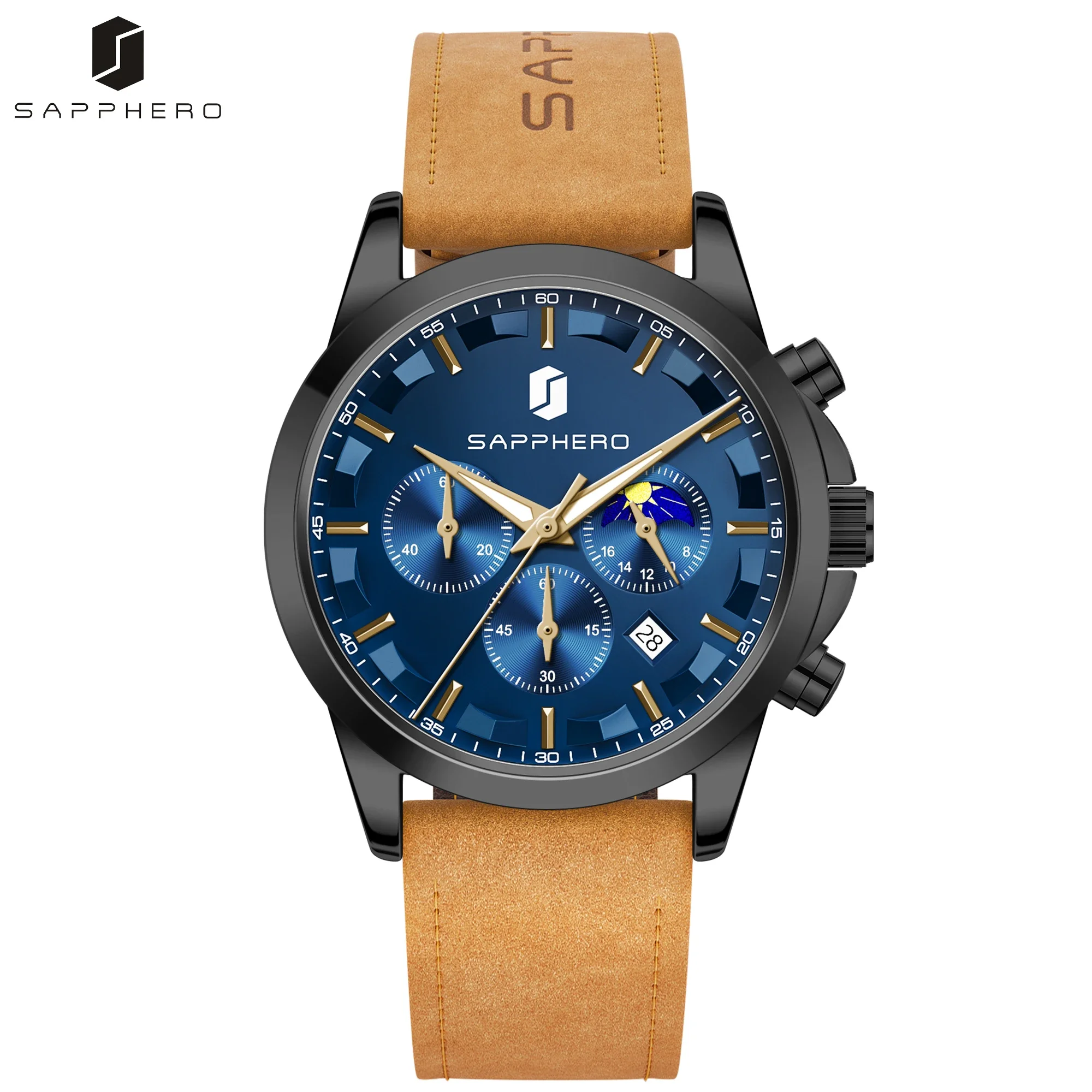 SAPPHERO Herren Chronograph Quarzuhr, 5ATM Wasserdicht, Hardlex Kristall, Lederarmband, Modische Sportuhr, Perfektes Geschenk für Männer