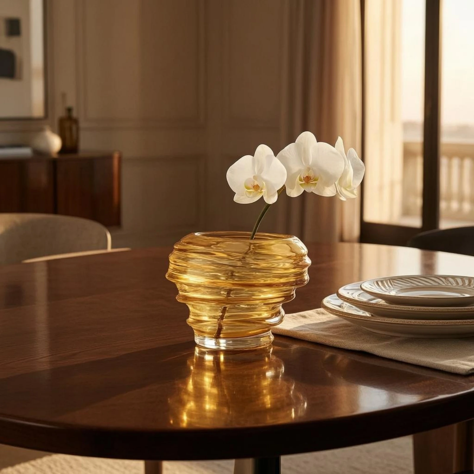 Wavy Ribbed Vase Tabletop Amber-Hued Glass Vase Room Accent Centerpiece Home Decoration Sturdy