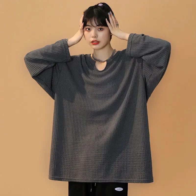 Sweat à capuche sans chapeau pour femmes, couleur unie, gaufré, manches longues, fin, printemps-automne, Chic, ample, fente latérale, assorti avec tout, Ins, mode étudiants