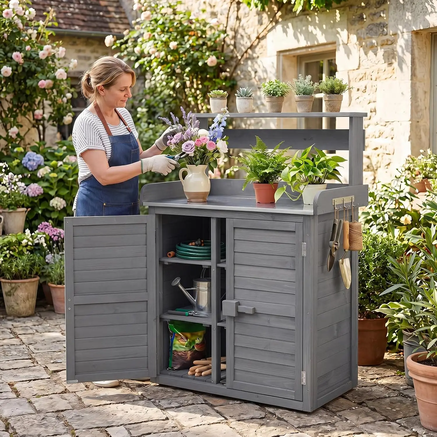 Garden Potting Bench Work Table with Stainless Steel Tabletop, Outdoor Planting Workstation for Backyard Patio Gardening Potting Activities