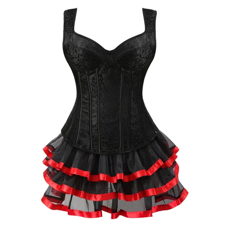 Women Sexy Jacquard Steampunk Corsets Dress Retro Vest Side Zipper Gothic Overbust Corset With Mini Tutu Skirt