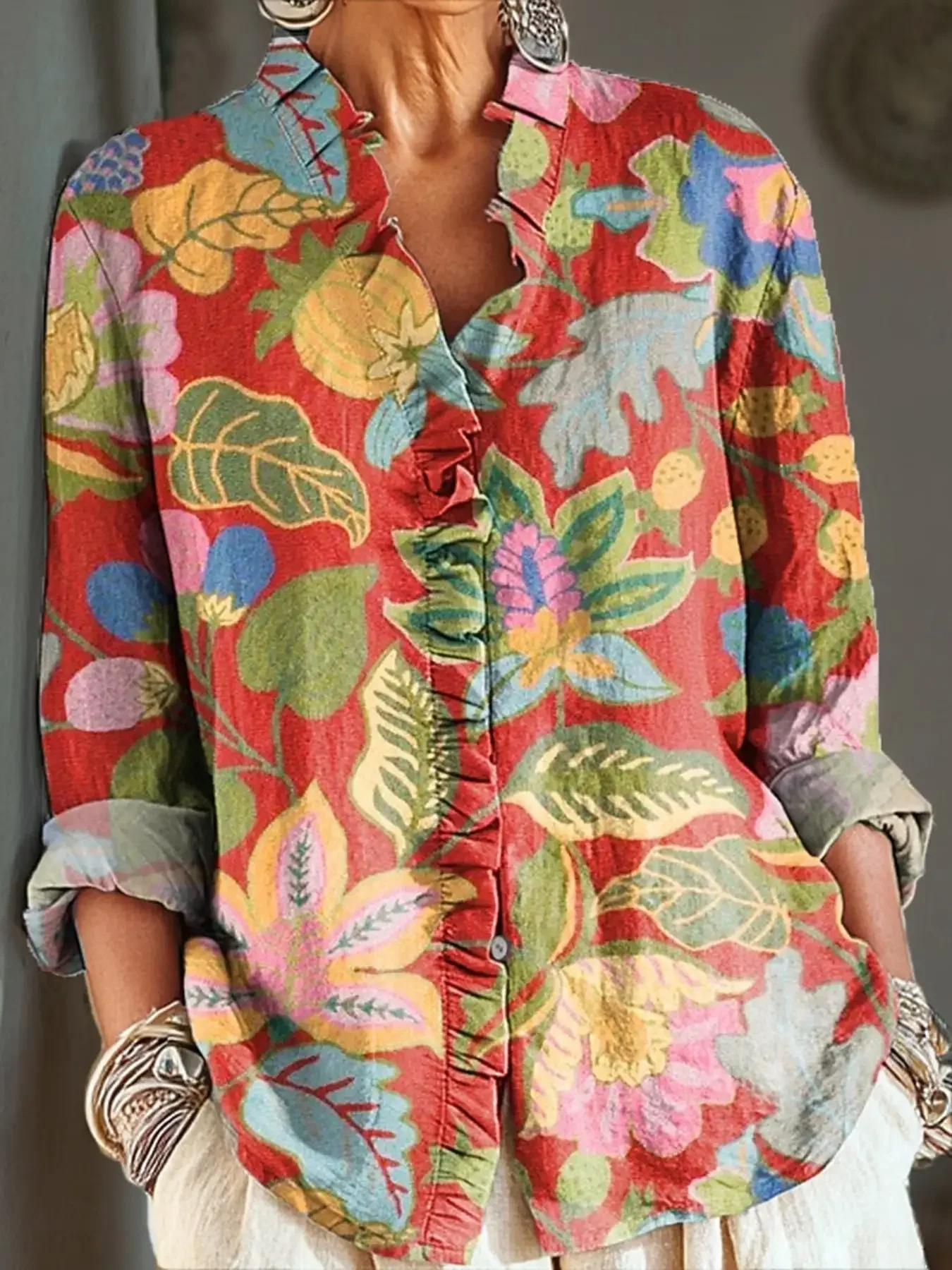 

2026 new V-neck casual top, women's long sleeved lace shirt, Advanced Women's Shirt