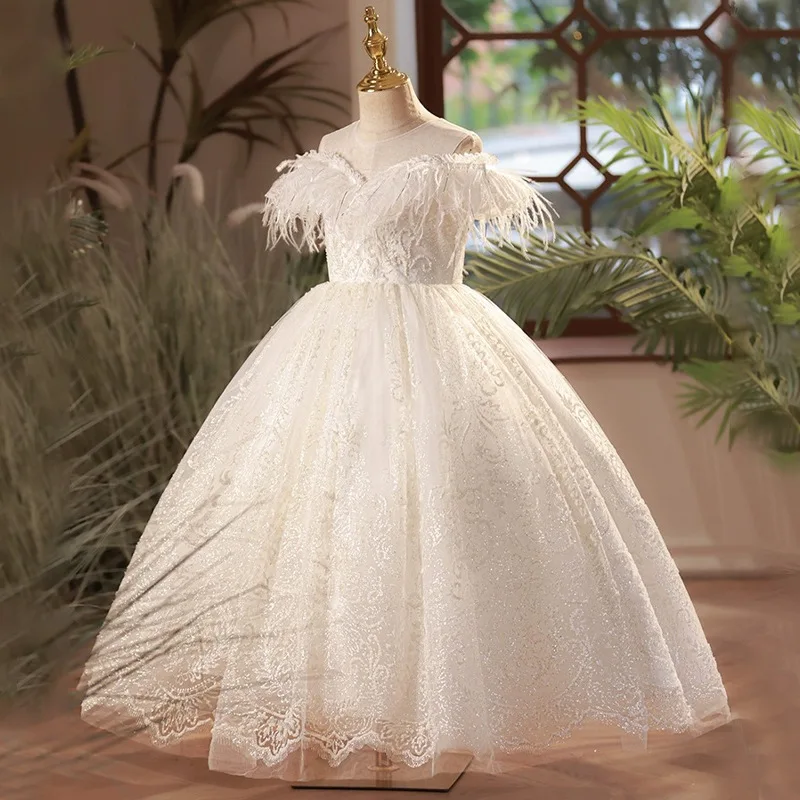 2024 Royal Party Dress for Junior Girls Kids White Lace Feather Bridesmaid Dresses for Weddings Teenager Piano Performance Gowns