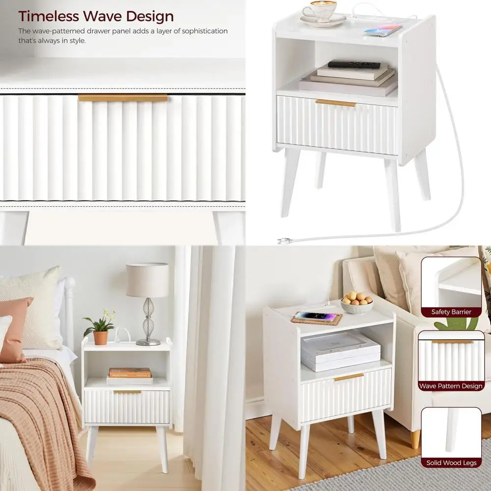 

Charging Station Nightstand with USB-C, Fluted Design, Solid Wood Feet, Bedroom/Living Room Side Table ETWT61E01N1