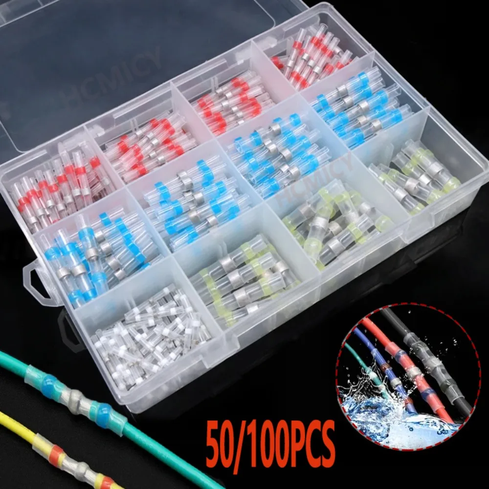 50/100 Pcs Boxed Solder Seal Wire Connectors Heat Shrink Insulated Electrical Wire Terminals Butt Splice Connector Waterproof