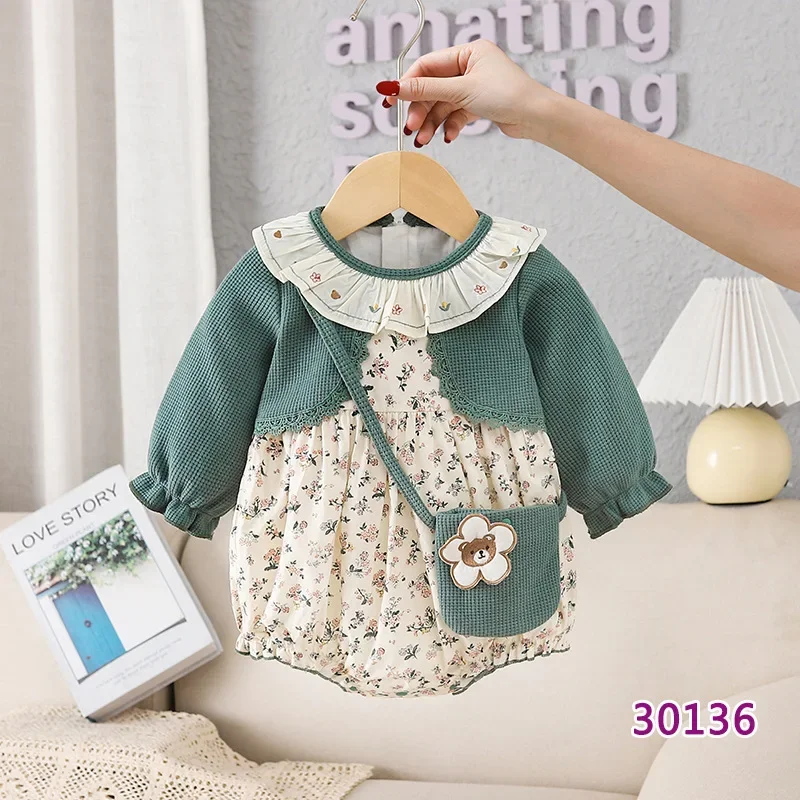 Autumn Family Matching Outfits Ruffle Neck Long Sleeve Bodysuit Green Patchwork Floral Print Dress Twins Sisters Clothes E30136