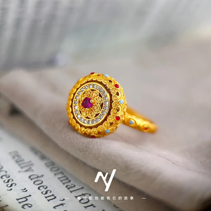 Light luxury 9999 24K real gold palace style rotatable treasure phase flower live ring pure gold hand jewelry