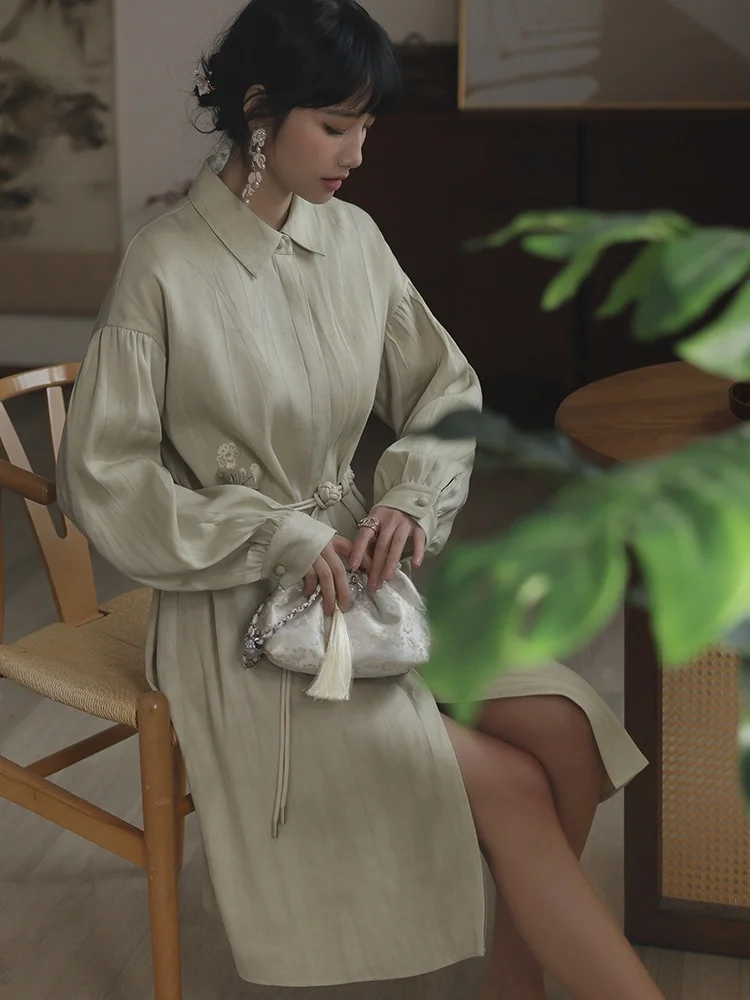 

Young Sle Hanfu Dr irt Dr Long Sve Отложной воротник Улучшенная версия Jiangnan Sle Повседневная одежда Высокая талия для поездок на работу...