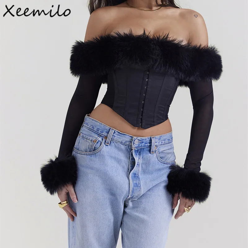 Xeemilo Sexy Plush Slash-neck Black Crop Tops Fashion Mesh See-through Long Sleeve Cardigan T Shirts Elegant Women Bodycon Tops