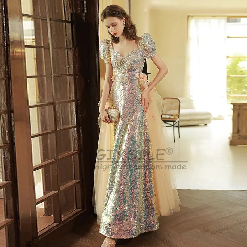 

GIYSILE Customized Square Neck Sequins Gradient Evening Dress Female Banquet Temperament Sexy Tube Top Starry Sky Short Sleeves