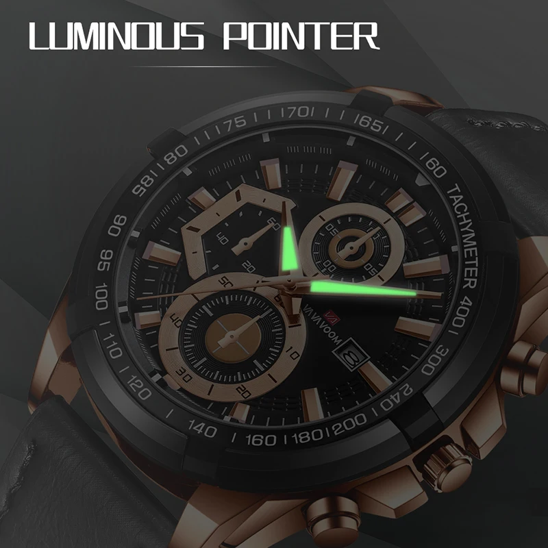 Quartz Machine Core Men Watches 3ATM Waterproof  Luminous Pointer luxurious Calendar Casual Dropshipping Leather Strap Watches