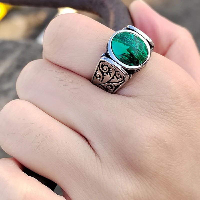 Genuine Malachite Ring Vintage Gothic Natural Gemstone Jewelry 316L Stainless Steel Rings for Men Women Boyfriend Birthday Gift