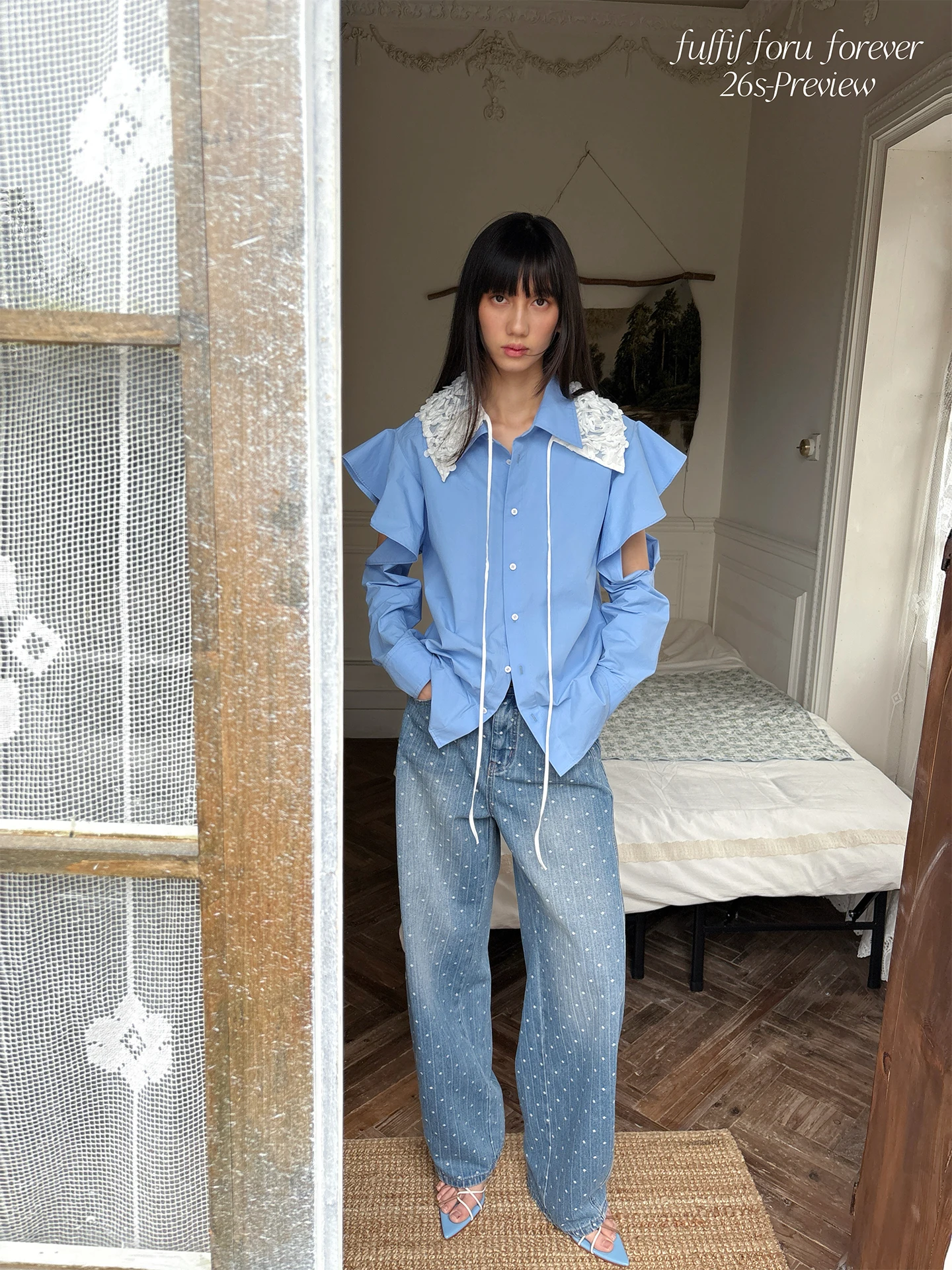 

Spring 2026 Women's Cotton Feel Shirt French Style Loose Fit Bloomer Design Slimming Effect Short Sleeve Turn-down Collar