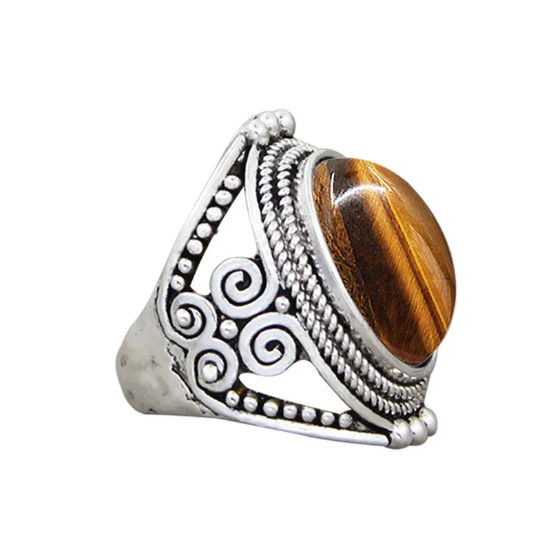 Oval Natural Tiger Eye Stone Rings For Women Vintage Flower Design Antique Silver Plated Fashion Jewelry