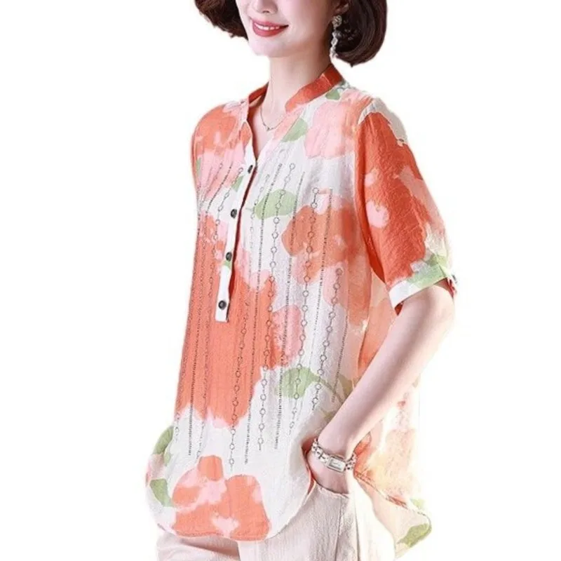 Vintage Ethnic Style Summer Women's V-Neck Printed Stand Collar Diamonds Single Breasted Fashion Loose Casual Shirts Tops