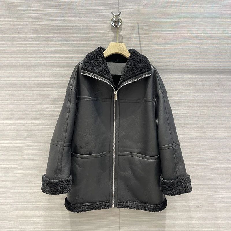 T0tem* 2024AW Haute Couture Fur Sheepskin Jackets Women Brand TR Wool Black Zip Fashion Jacket Winter Coat Woman Leather Fendi