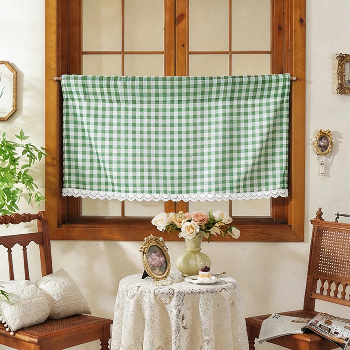 1pc fresh small grid lace lace half curtain cabinet cover curtain, suitable for coffee shops, dessert shops, holiday balconies