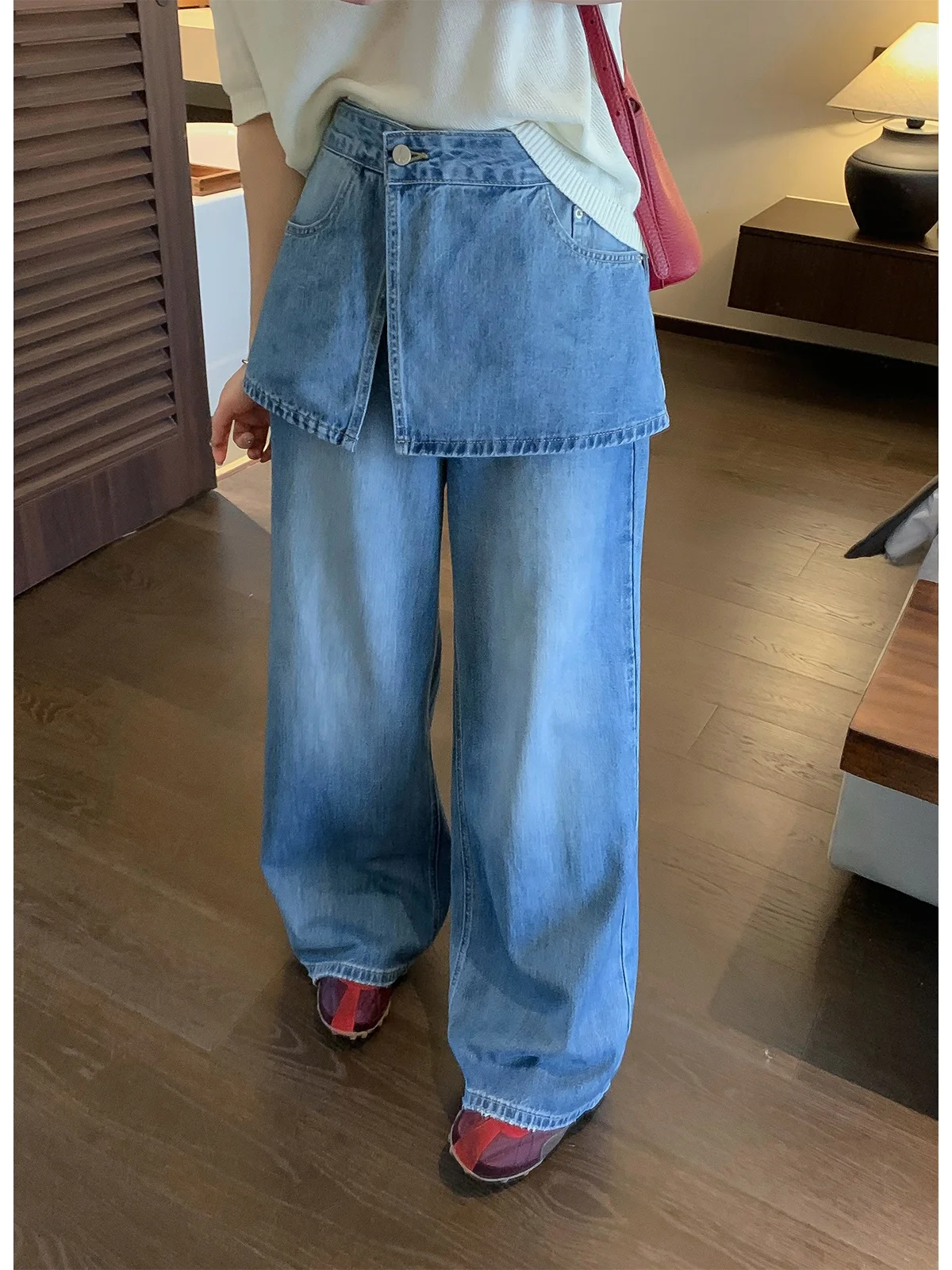 

Love Devil Fish Blue Detachable Wide Leg Jeans Women's Spring New Fashion Floor-Length Pants High Waist Denim Commute
