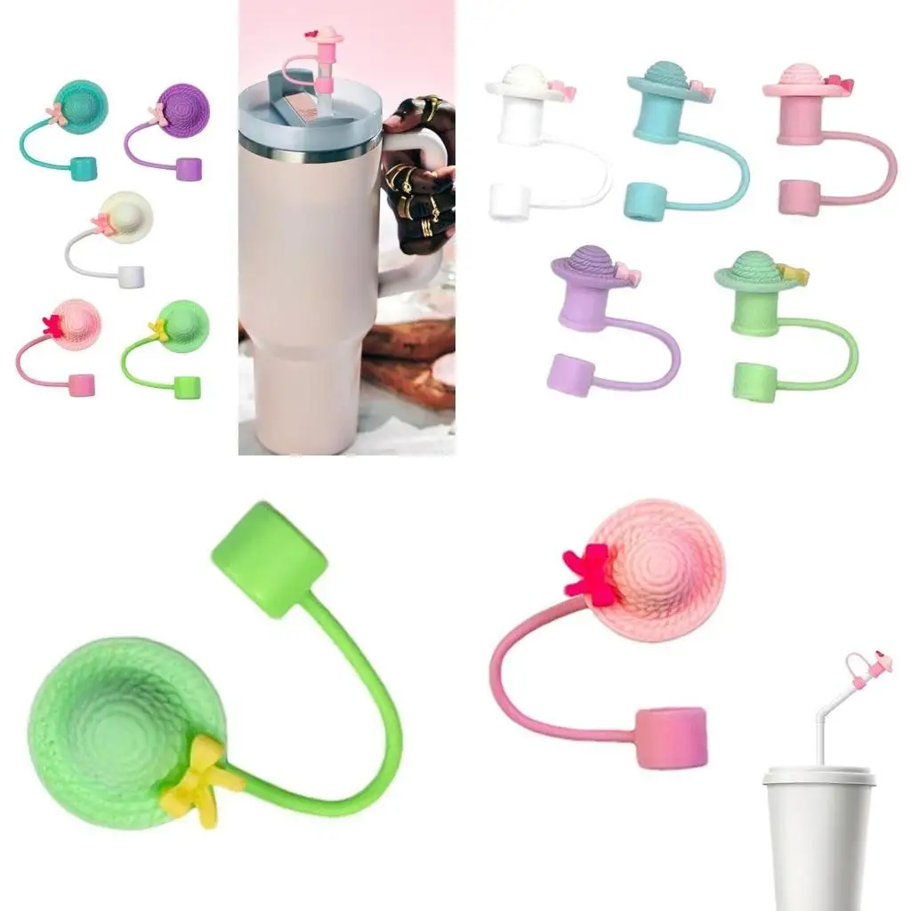 

E8BD Reusable Silicone Straw Covers Caps Lovely Hat Straw Plug Dustproof Drinking Straw Tip Lid for Tumblers