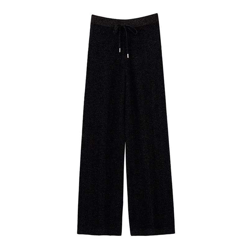 Women's Knitted Wide Leg Pants, 100% Pure Wool, Monochromatic, Loose, High Belt Pocket, Cashmere, New, Autumn, Winter, 2024