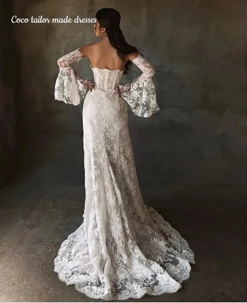 Boho Lace Wedding Dress Side Slit Sexy Long Beach Bridal Gowns With Removable Flare Sleeves Backless Robe De Mariee Customized