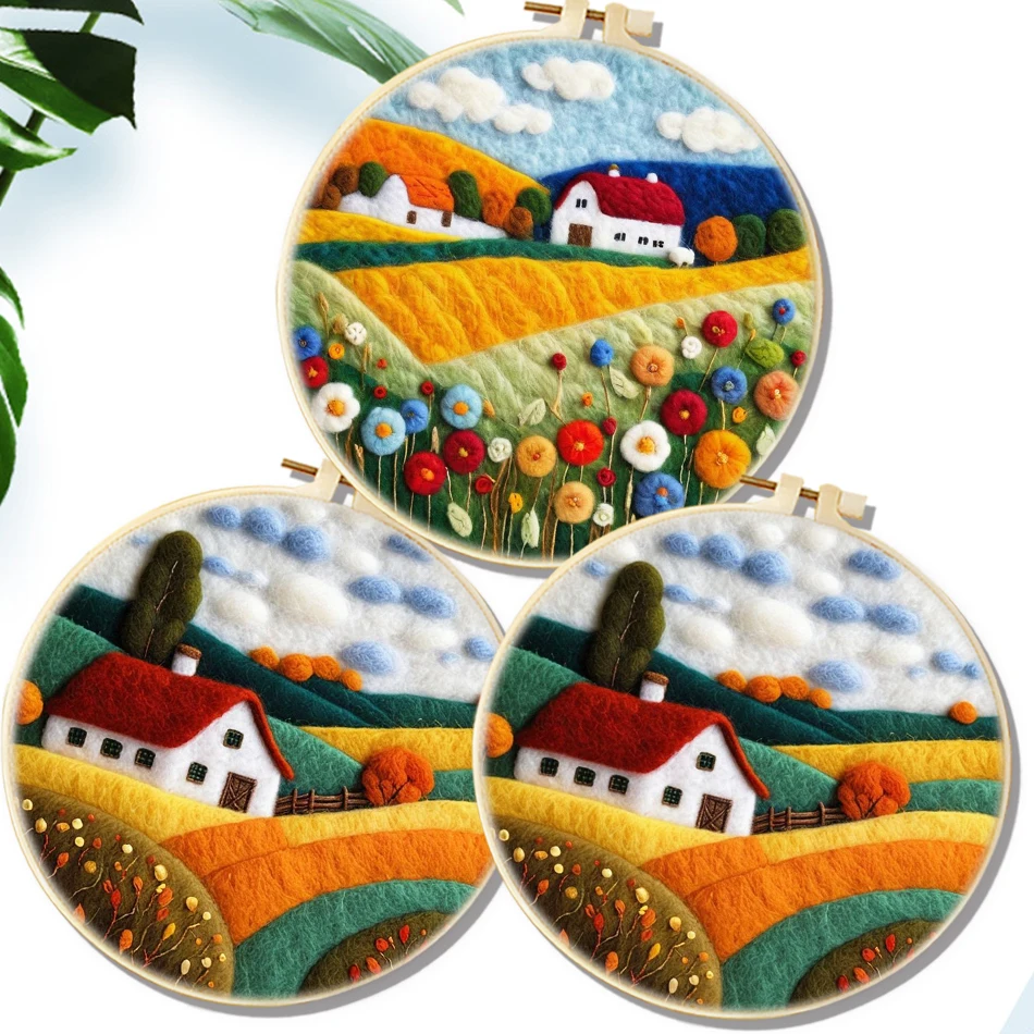 

Funny DIY Wool Felting Painting With Embroidery Kit Yellow Landscape Handcraft Needle Wool Painting Craft Kit For Home Decor