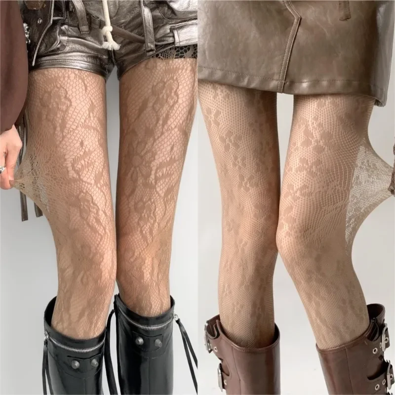 New Coffee Floral Fishnet Tights Women Sexy Nylon Hollow Mesh Pantyhose Japanese Style ACGN JK Sweet Lolita Fishnets Stockings