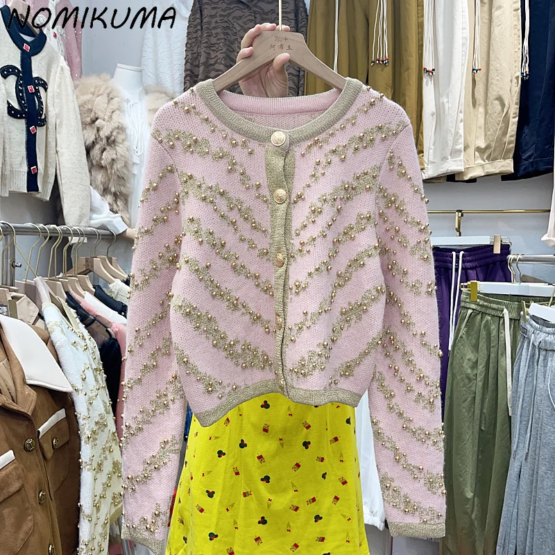 Nomikuma 2023 Autumn New Elegant Hit Color Beads Cardigan Knitwear Jackets Fashion O-neck Knitted Sweater Coat Women