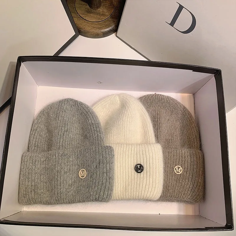2026 Women's Winter New Rabbit Fur Knit Beanie Letter M Logo Warm Ear Cover Cap