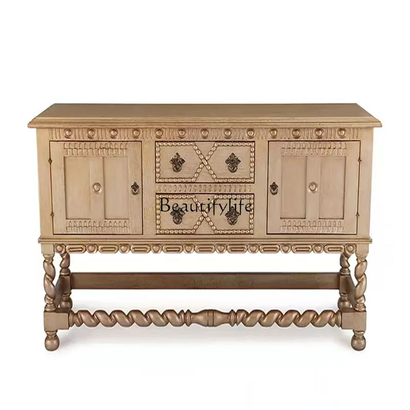 

American retro old entrance cabinet French solid wood carving flower living room dining side cabinet decorative locker